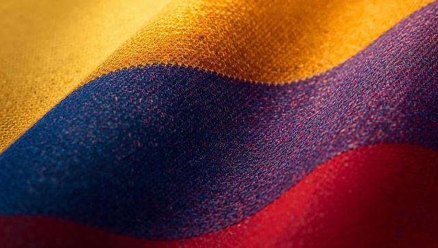 Macro woven tricolor fabric showing yellow blue-flecked red textured weave in studio light