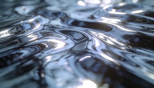 Glinting rippled metallic liquid reflecting light patterns in macro abstract
