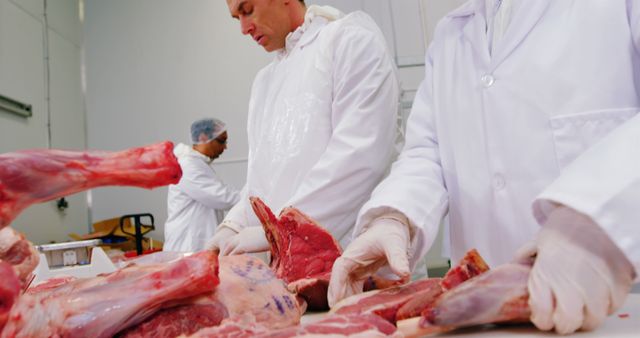 Butchers dressed in white protective coats and gloves are cutting and processing raw meat in a modern facility. This image is suitable for use in articles or advertisements highlighting the meat processing industry, food safety protocols, professional food preparation, or the importance of maintaining hygiene standards in food industries.