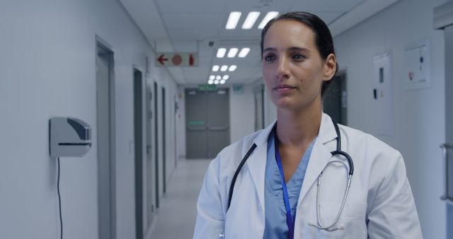 Thoughtful Caucasian Female Doctor Standing in Hospital Corridor - Download Free Stock Images Pikwizard.com