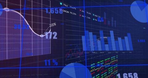 Neon blue financial dashboard visualizing live market metrics and animated data charts