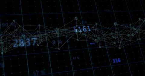 Neon Wireframe Network Grid with Floating Data Nodes and Blue Numeric HUD Overlay