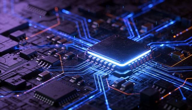 Glowing microchip sending neon-blue traces across high-tech circuit board closeup