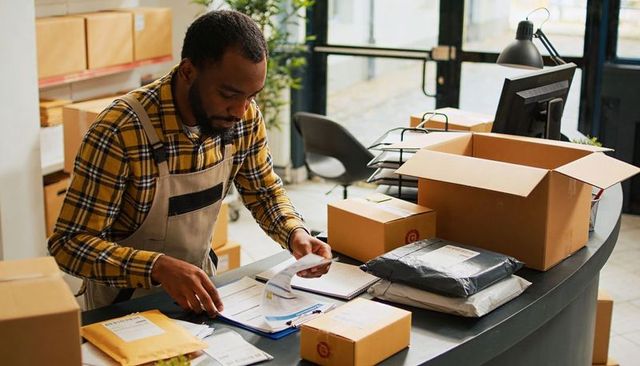 Small Business Owner Preparing Shipments at Busy Retail Shipping Counter with Boxes