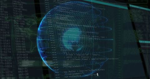 3d globe with data visuals and code overlay on console display