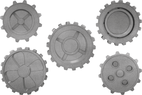 Transparent grey mechanical cogs on isolated background