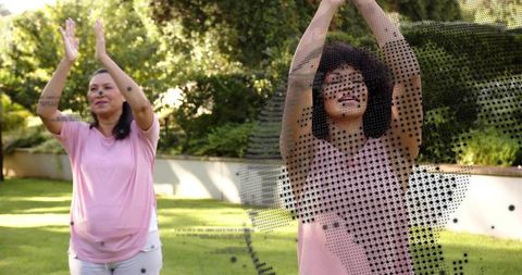 Morning garden stretching: women exercising together in sunlit backyard with halftone overlay