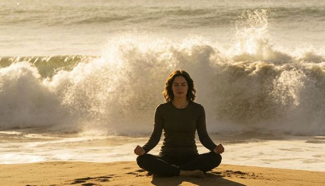 Woman meditating on beach at golden hour with crashing waves backdrop for mindfulness