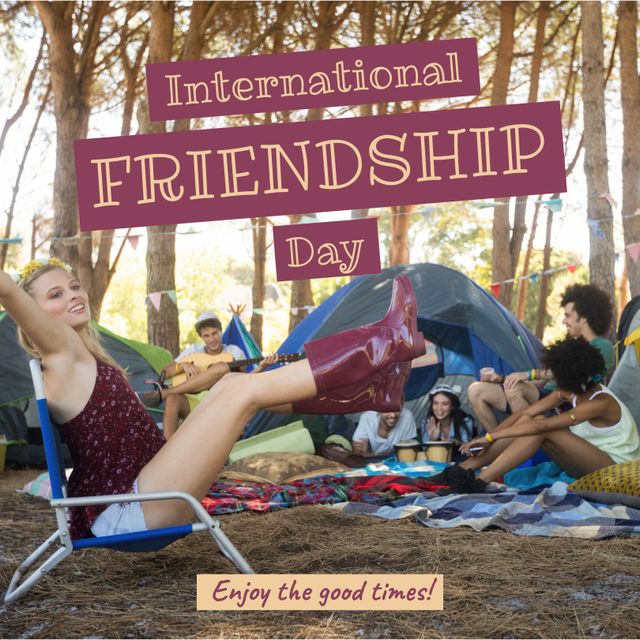 Young friends enjoying International Friendship Day at a vibrant festival campsite. The image captures a diverse group of cheerful individuals relaxing and having fun among tents. Perfect for use in social media posts, website banners, or marketing materials promoting friendship, outdoor activities, festivals, and cultural events.