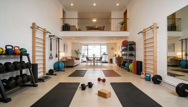 Spacious loft home gym featuring yoga mats, kettlebells, wall bars and mirror