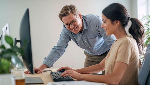 Smiling mentor guiding co-worker at desk, collaborative teamwork using desktop monitor