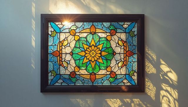 Vibrant stained glass panel in sunlit room with intricate floral design