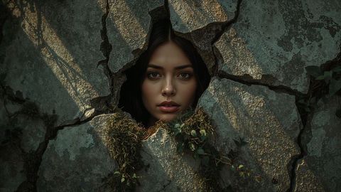 Woman's face emerging through cracked mossy stone wall