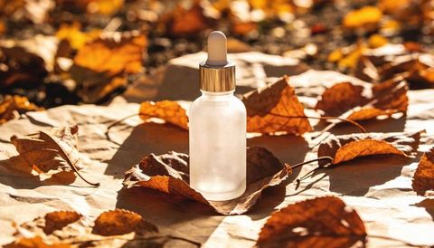 Frosted glass dropper bottle with gold collar on autumn leaves