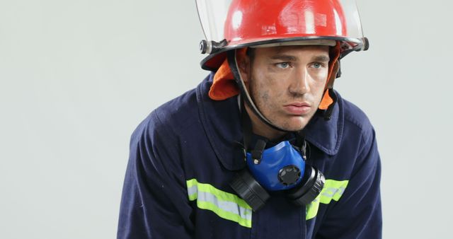 This image captures a firefighter looking tired and pensive with reflective gear and helmet. The gas mask around his neck suggests he has been engaged in a demanding task. Use this for themes related to emergency response, firefighting, safety, occupational health, and first responders. Ideal for illustrating the physical and emotional demands of firefighters.