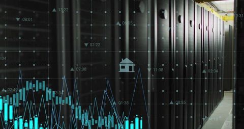 Data center racks streaming real-time financial analytics with home metric overlay