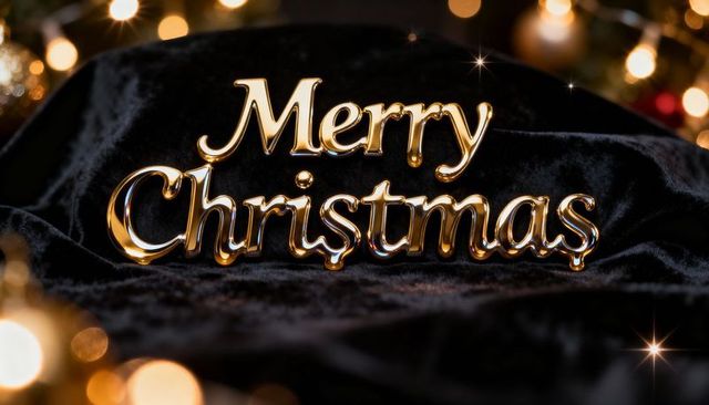 Golden merry christmas lettering on black velvet with warm bokeh lights