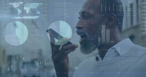 African American Man Engaging with Digital Interface and Financial Data