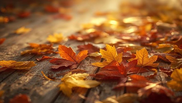Colorful Autumn Leaves on Sunlit Wooden Pathway