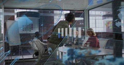 Team Collaborating on Tech Strategy in Glass Conference Room with Digital Data Overlay