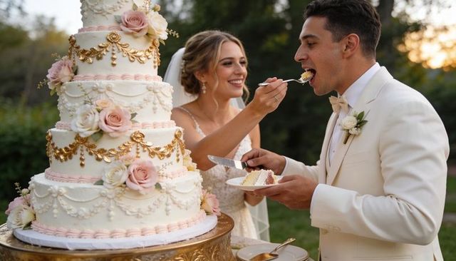 Bride feeding groom at garden reception with ornate tiered rose cake and gold details