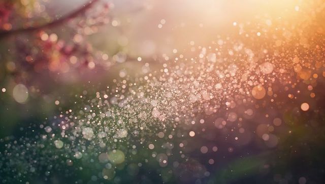 Golden Bokeh Spray Diagonal Sparkle with Sunlight, Water Droplets and Pink Blooms