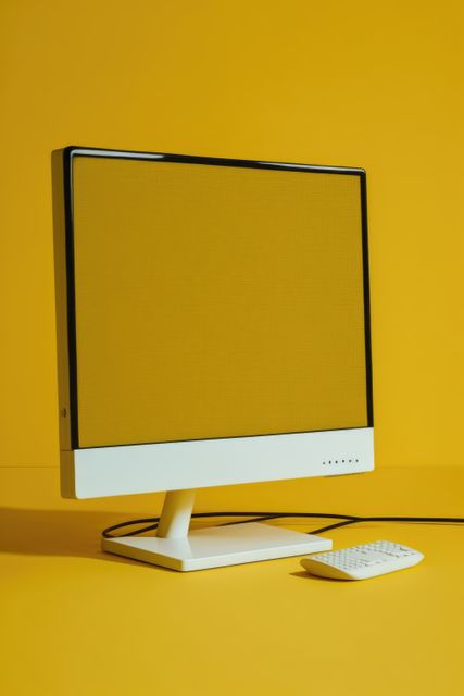A vintage computer monitor and keyboard are placed against a vibrant yellow background. This setting creates a perfect modern, minimalist look perfect for graphic design projects, technology articles, office themed promotions, or retro tech concepts. A great choice for social media graphics, blog posts, and marketing materials.