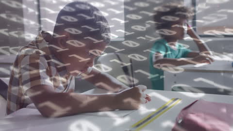 African American Boy Writing in Classroom with Binary Code Overlay