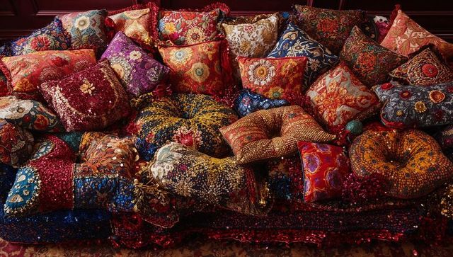 Luxurious embroidered sequin cushions pile with velvet tassels and brocade in rich colors