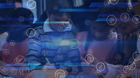 Diverse Schoolchildren Studying with Digital Network Interface Overlay