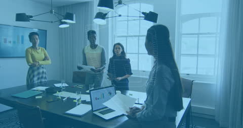 Animated Padlock Overlay on Diverse Business Meeting in Modern Office