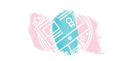 Transparent Abstract Computer Monitor Artwork with Pink and Blue Accents