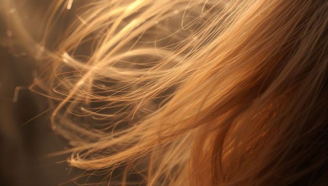 Flowing light blonde hair catching warm backlight, closeup macro texture and translucence