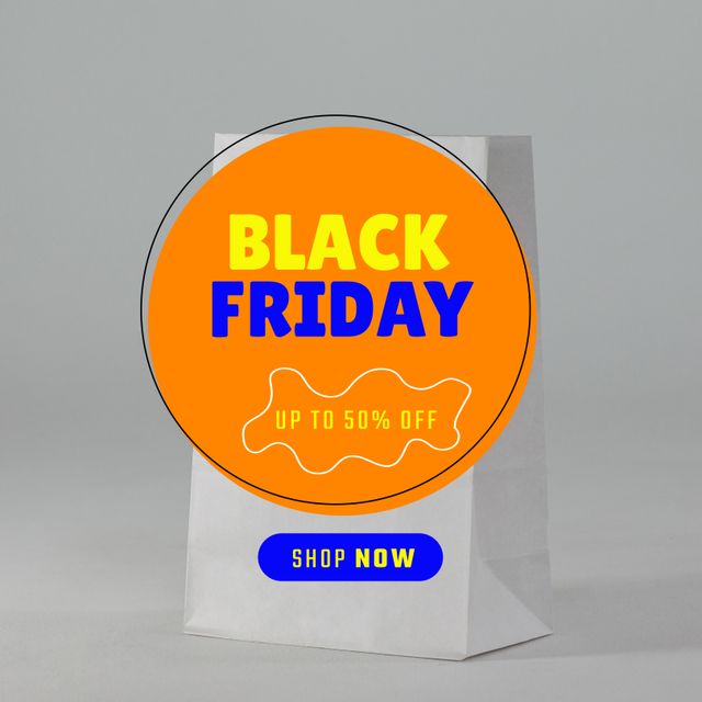 Composition of black friday up to 50 percent off shop now text over bag on grey background. Black friday, shopping and retail concept digitally generated image.