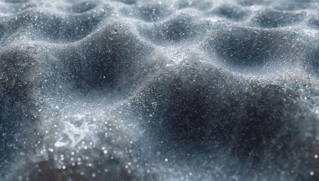 Macro frost texture glinting ice crystals hoarfrost closeup with sparkling bokeh