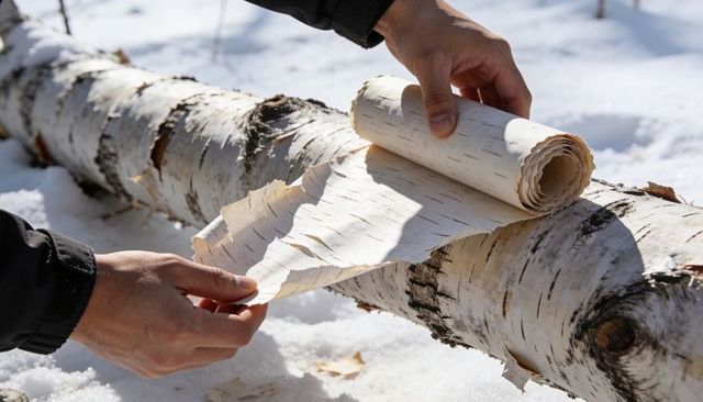 Peeling and rolling birch bark from fallen log in snowy forest sunlight