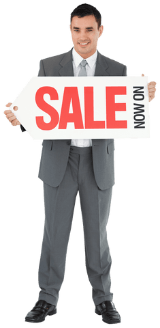 Businessman holding large sale sign on transparent background