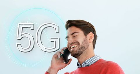 Smiling Man Using Smartphone with 5G Technology Graphics
