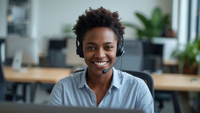 Smiling customer support representative wearing headset and working at modern open-plan workstation
