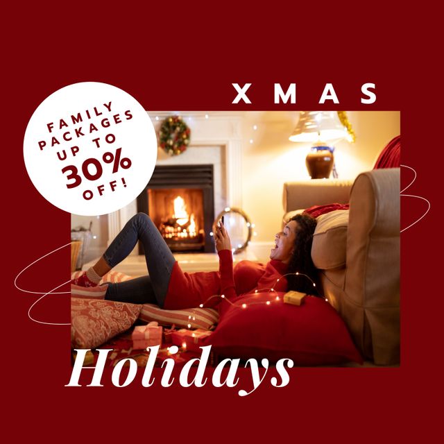 Image features a woman relaxing near the fireplace with Christmas decorations. It is perfect for advertising holiday sales, festive promotions, or seasonal offers. Use this festive setting to attract customers to family packages and related discounts.