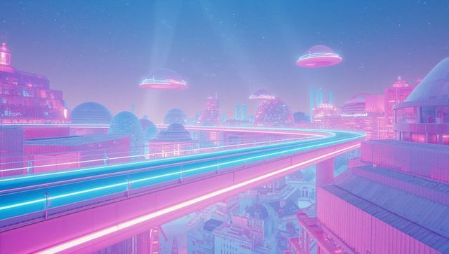Futuristic Neon Cityscape with Elevated Maglev and Hovering Vehicles