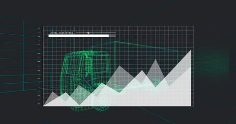 Neon Wireframe Van with Translucent Analytics Panel and Rising Data Chart