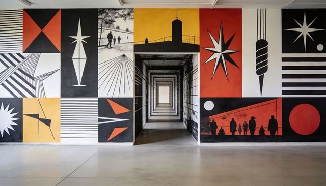 Bold Geometric Mural Framing Vanishing Corridor with Silhouetted Figures, Strong Perspective
