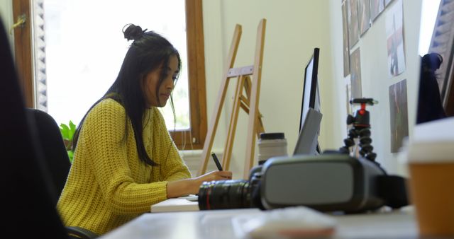 Focused Woman Working at Creative Home Office Space - Download Free Stock Images Pikwizard.com