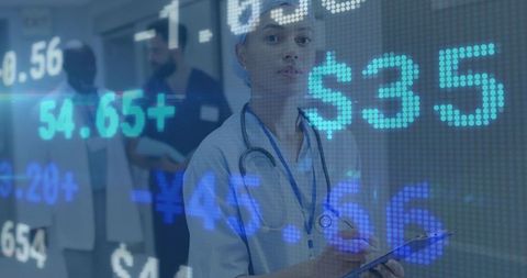 Nurse Navigating Healthcare Finance Data with Futuristic Digital Ticker Overlay