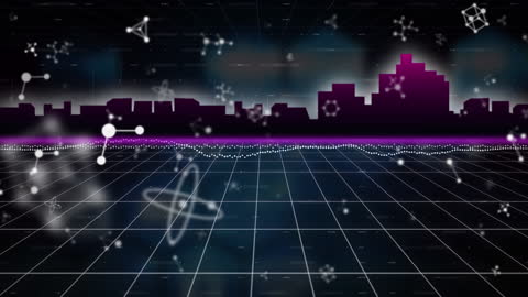 Digital Grid and Scientific Symbols Over City Silhouette