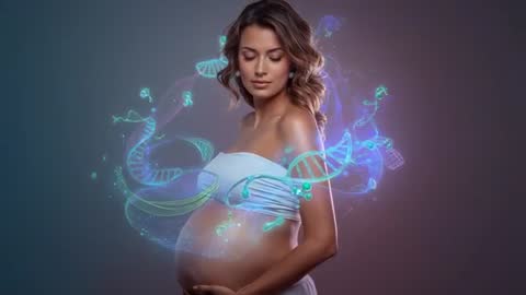 Expectant mother cradling baby bump with holographic DNA helix swirling around abdomen