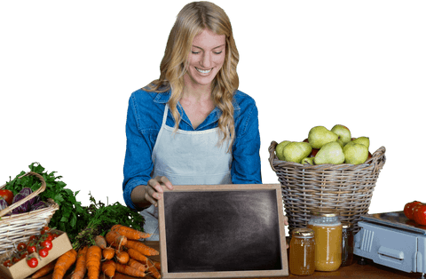 happy woman holding chalkboard with fresh produce on transparent background - Download Free Stock Videos Pikwizard.com