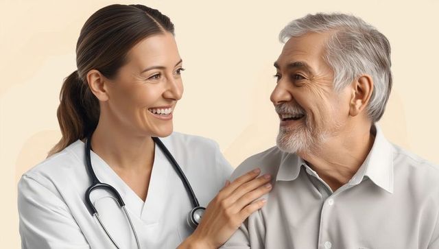 Caring doctor with senior patient smiling in consultation room