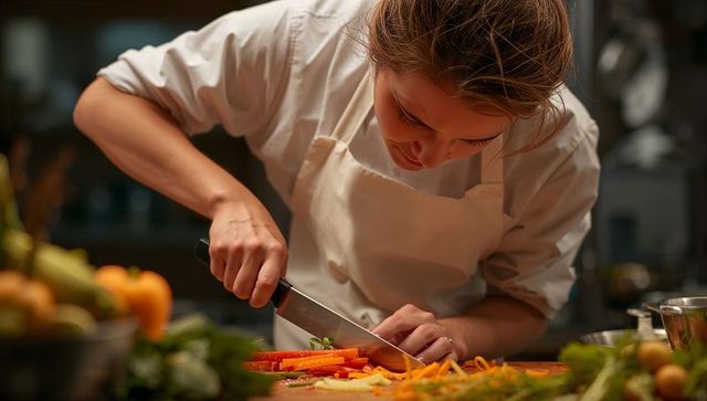 Female chef preparing julienne vegetables on wooden board in professional kitchen